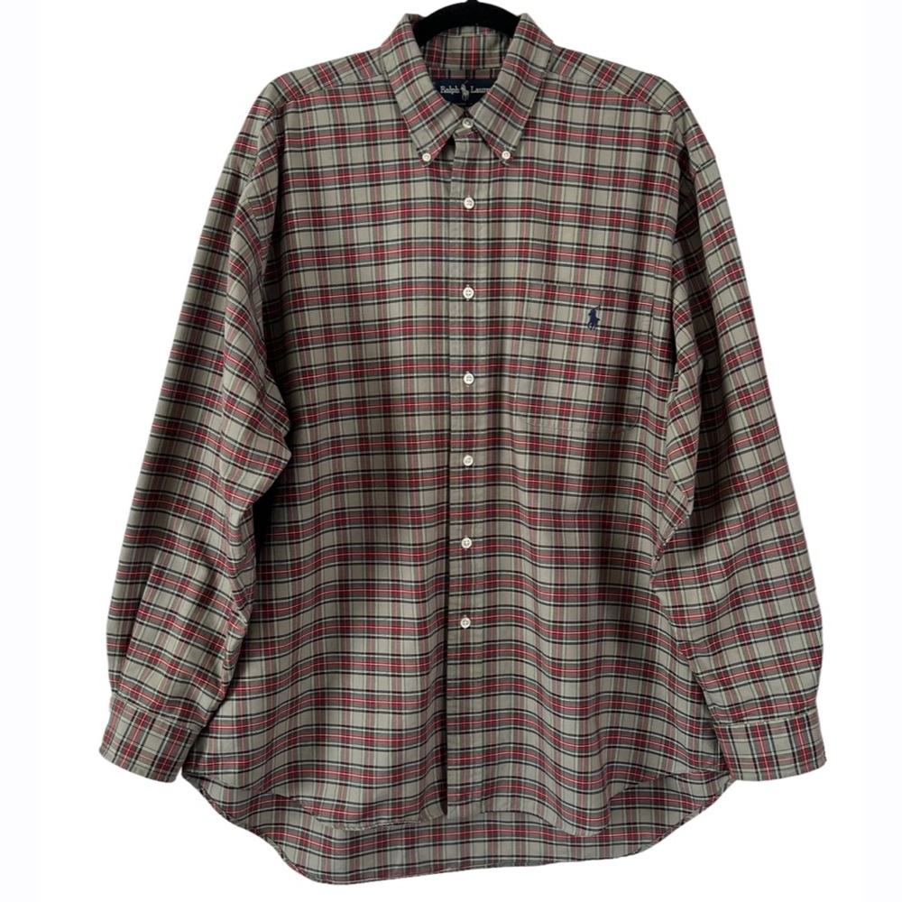 Ralph Lauren Green & Red Check Plaid Long Sleeve Button Up Big Shirt Large